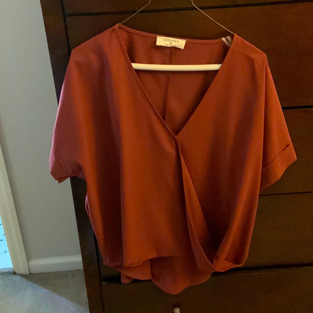 Zenana Outfitters Rust Red V-Neck Draped Short Sleeve Blouse